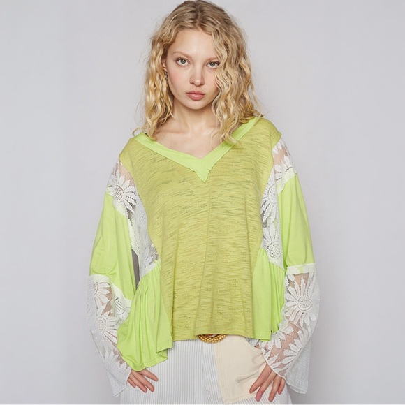 POL V-Neck Long Flare Sleeve Lace Detail Solid Top - Picture 1 of 5